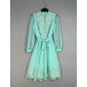 Vintage Miss Elliette Dress Womens 10 Green Blue Lace Cottage Boho Retro 70s 80s